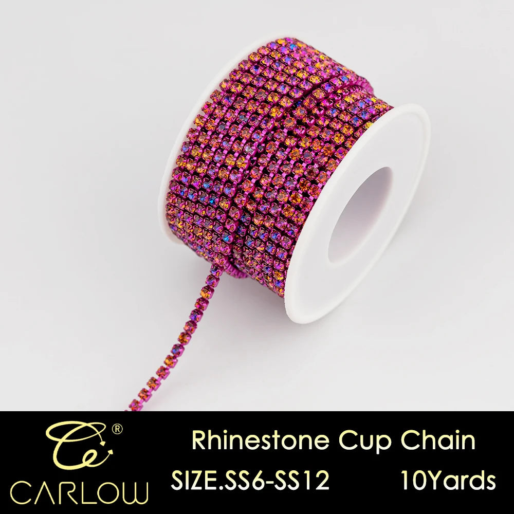 A roll of multi-color glass rhinestone cup chain with a pink and purple hue, measuring 10 yards.