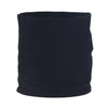 A dark navy blue soft cotton warm neck scarf rolled into a cylindrical shape.