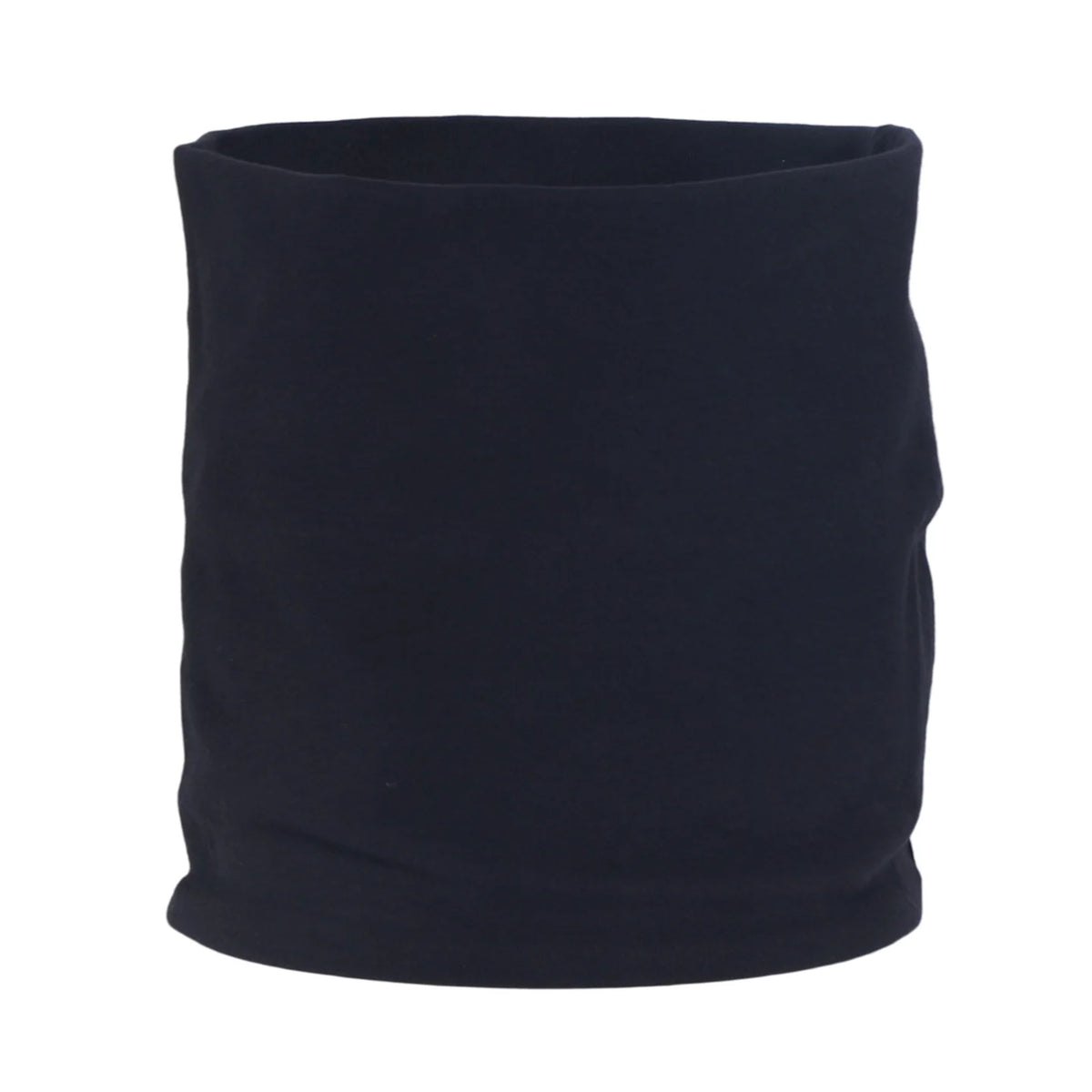A dark navy blue soft cotton warm neck scarf rolled into a cylindrical shape.