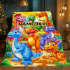 A colorful blanket featuring cartoon dinosaurs in various colors and poses.