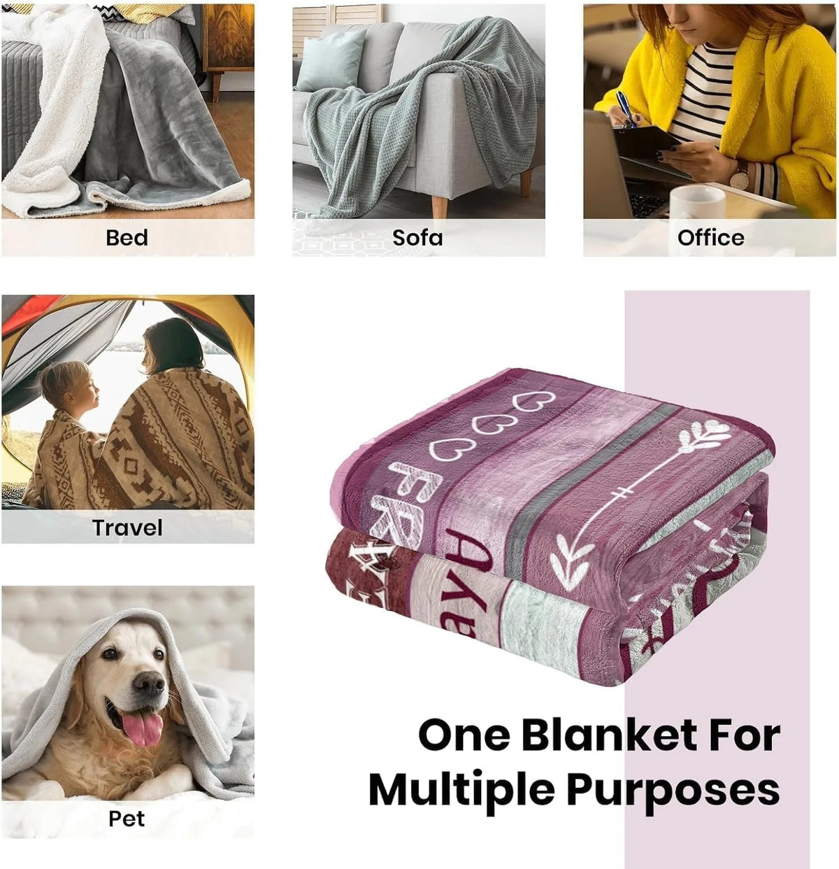 A stack of multi-colored flannel throw blankets with embroidered designs.