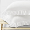 A set of two white pillow covers with ruffled envelope closures displayed on a wooden surface.