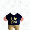 A navy blue face pillow with gold lettering that reads I love you and pink accents.