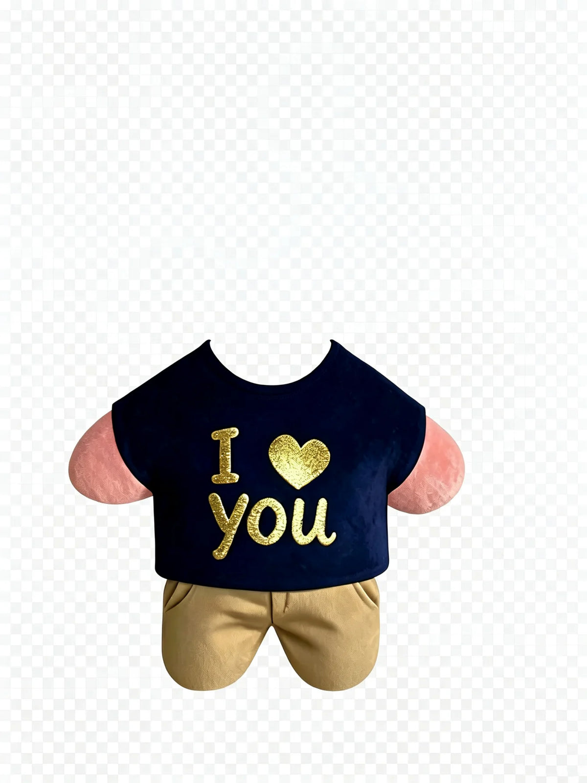 A navy blue face pillow with gold lettering that reads I love you and pink accents.