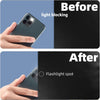 Comparison showing a phone before and after light blocking using a flashlight spot on black curtains.