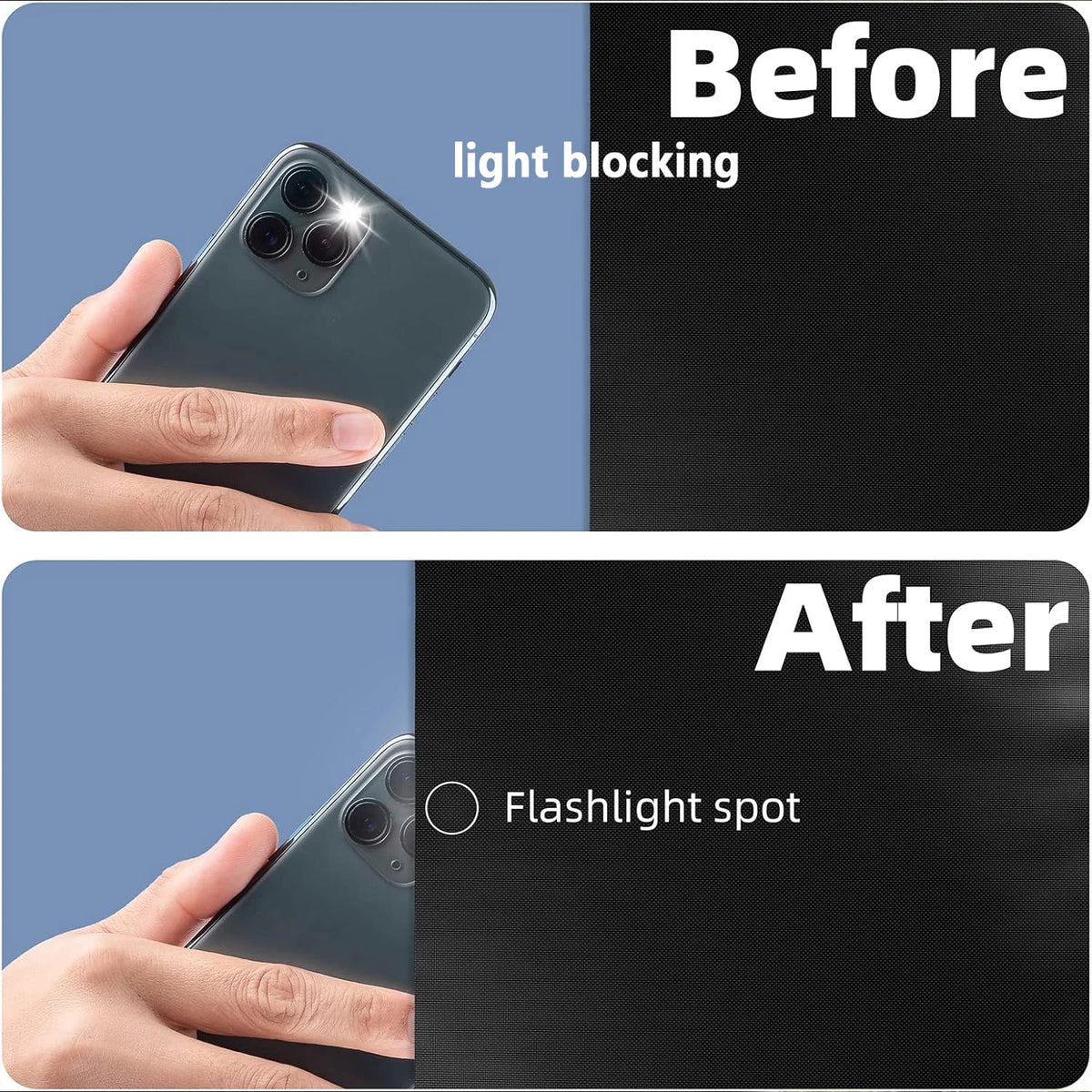 Comparison showing a phone before and after light blocking using a flashlight spot on black curtains.