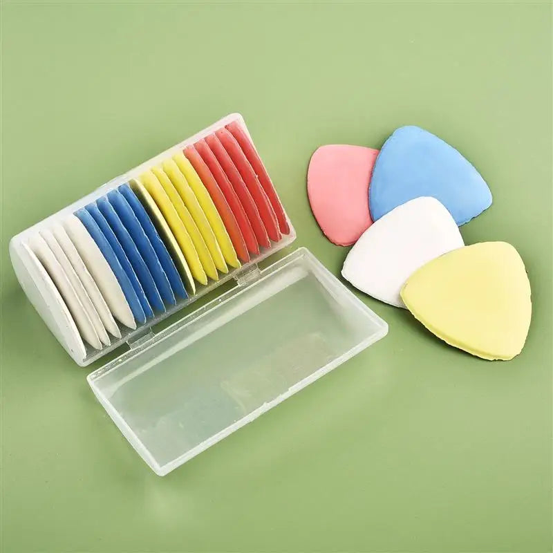 A set of colorful erasable fabric chalk markers in various shades of blue, yellow, and orange are displayed next to their sto
