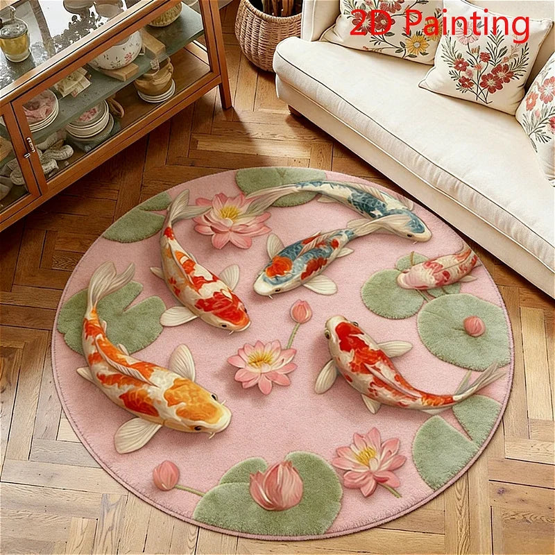 Round rug featuring a pink background with colorful koi fish and floral patterns.