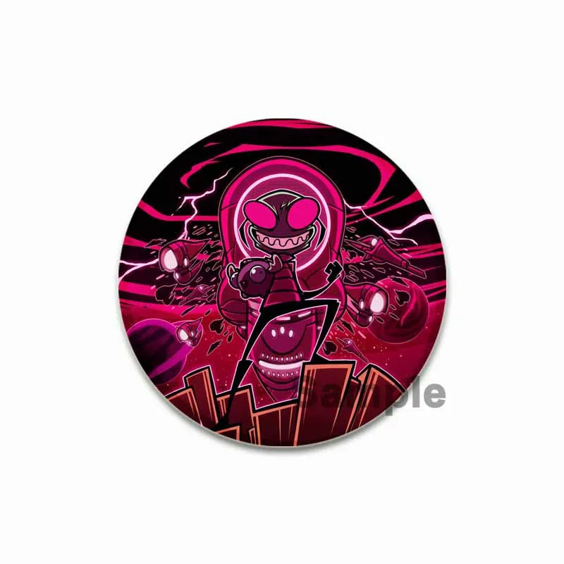 A circular enamel pin featuring a stylized, pink, monstrous character with sharp teeth and glowing eyes against a dark backgr