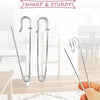 Three heavy duty stainless steel safety pins are shown against a white background.