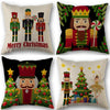 Four festive Christmas-themed pillow covers featuring Santa figures and holiday designs.