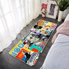 A colorful anti-slip decorative floor mat featuring various currency notes and design elements on a dark floor.