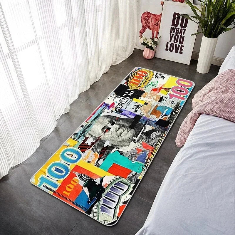 A colorful anti-slip decorative floor mat featuring various currency notes and design elements on a dark floor.
