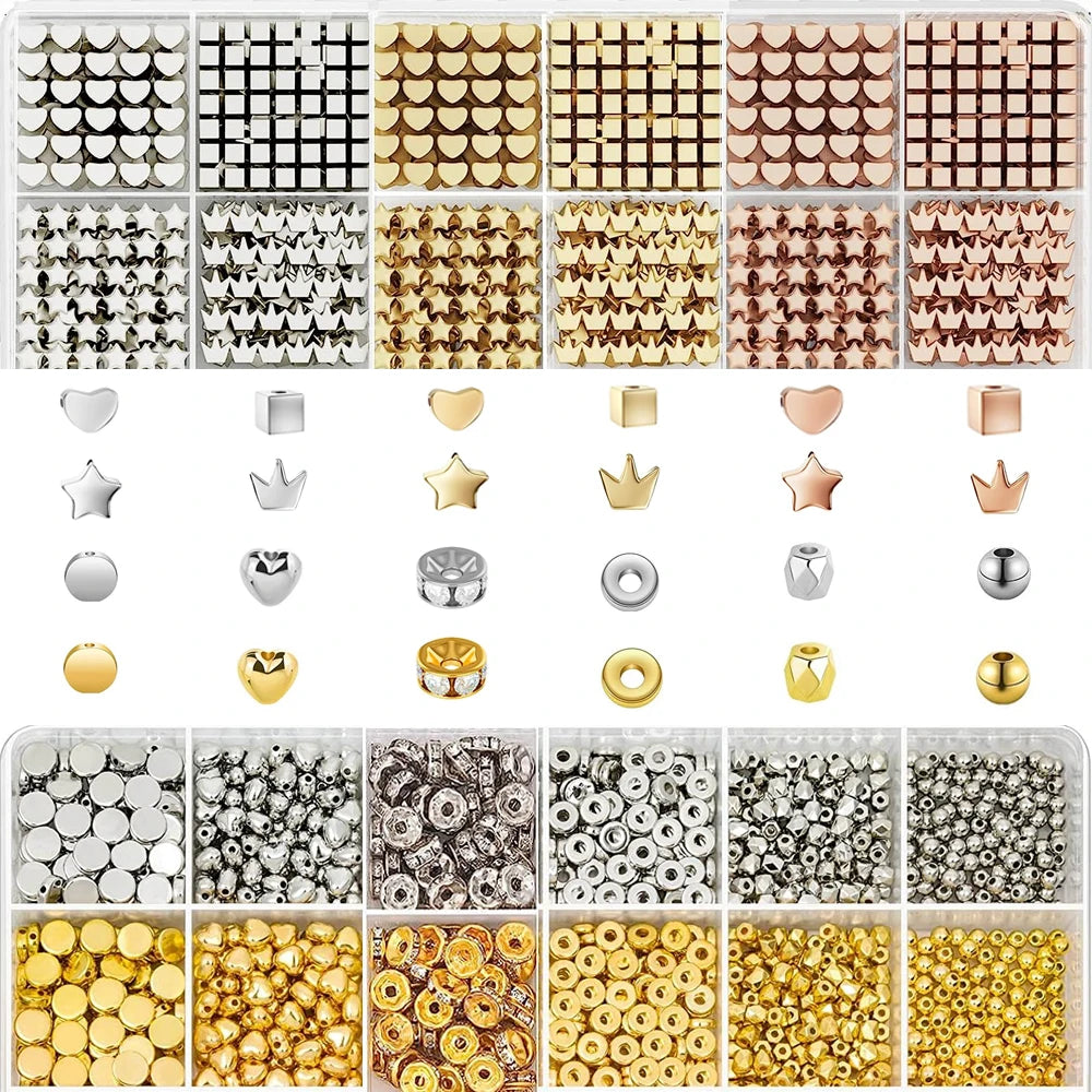 A collection of colorful geometric acrylic beads in various shades including gold, silver, and bronze for jewelry making.