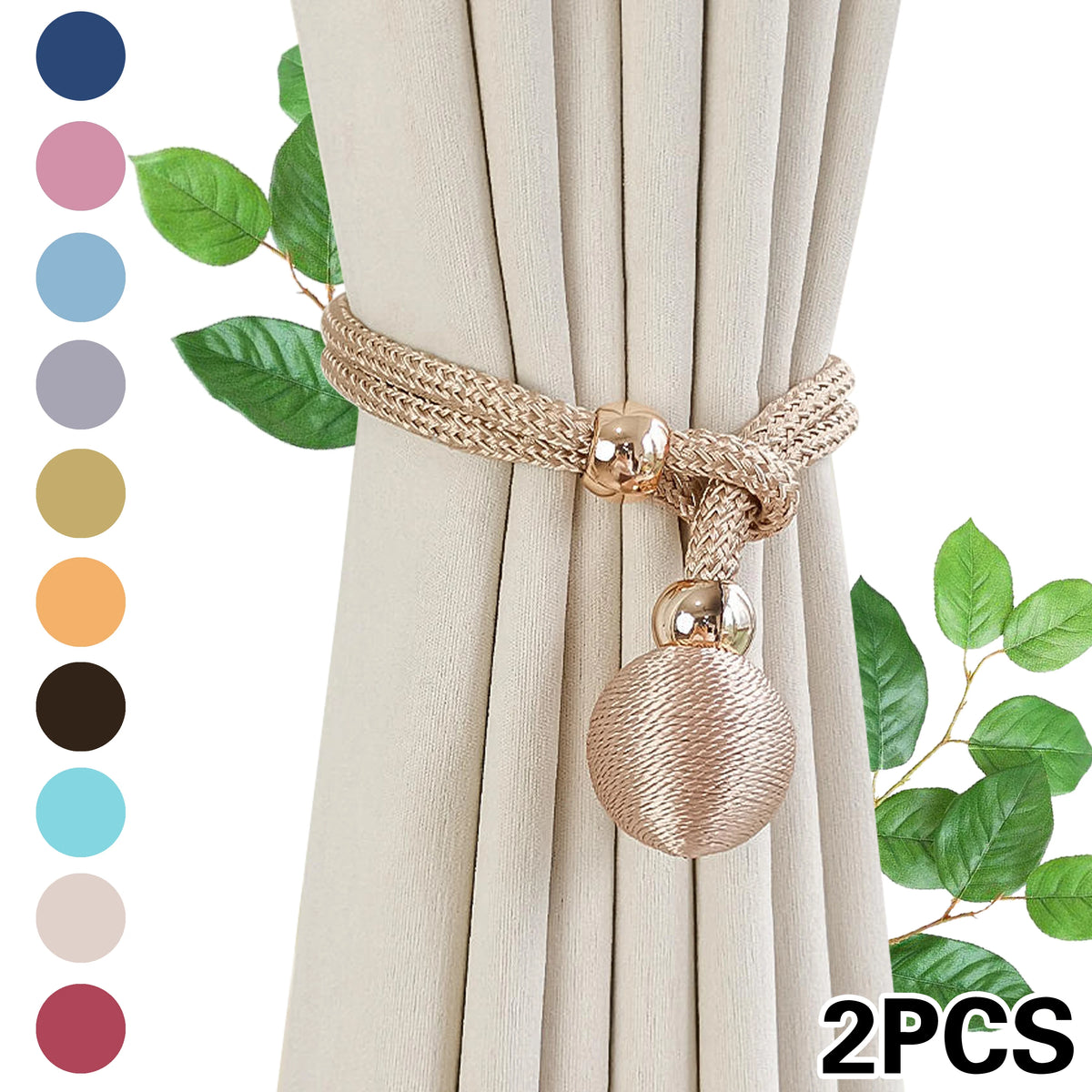 Two gold-toned fabric tiebacks with spherical tassels against a beige curtain.