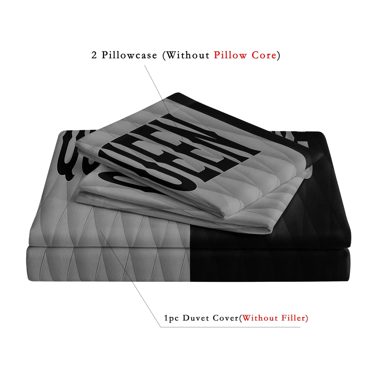 Two pillowcases without core and one duvet cover without filler featuring a crown design on black and gray fabric.