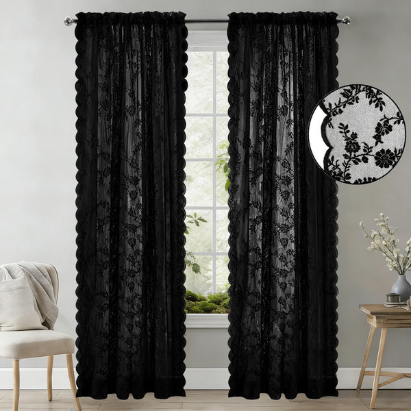 Black vintage floral lace sheer curtains hanging in a window frame
