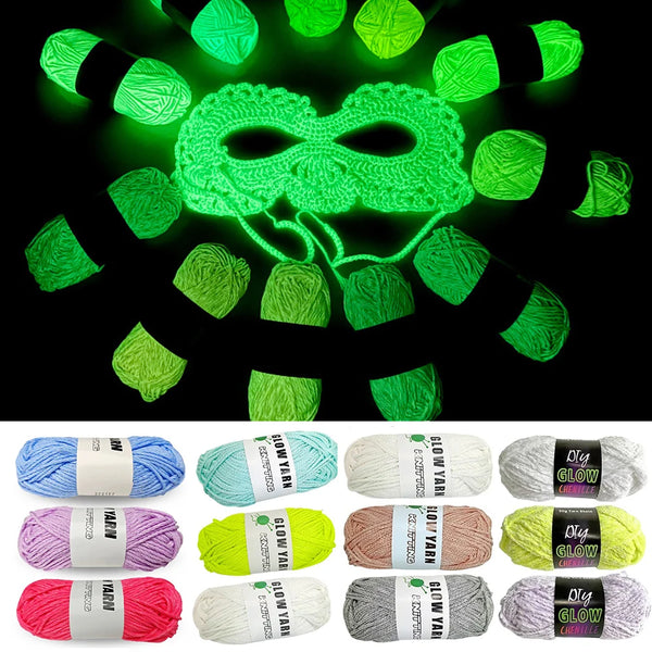 A collection of glow-in-the-dark yarn balls in various colors including green, pink, and white.