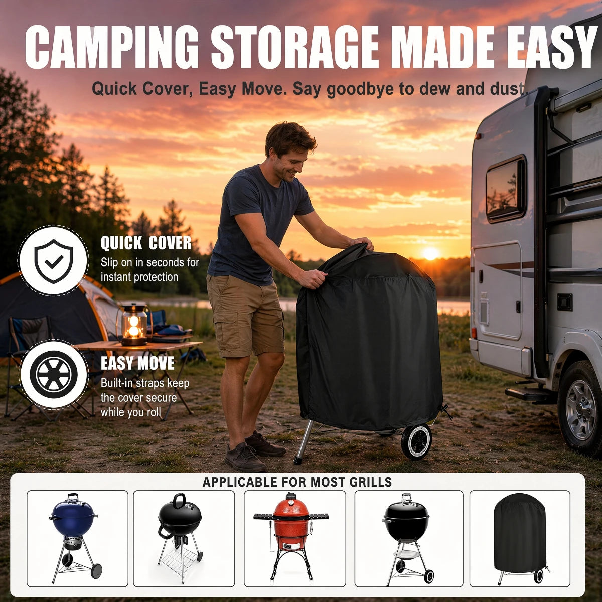 A black heavy duty round charcoal grill cover is shown being placed on a trailer, demonstrating easy storage.