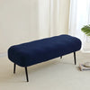 A navy blue elastic jacquard bench cover is shown on a light floor, ready for use as piano, dining, or entryway seating.