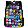 A black backpack featuring a colorful design of various cartoon fruits and vegetables.