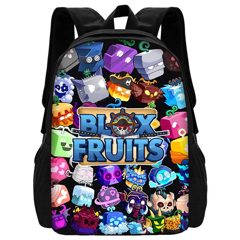 A black backpack featuring a colorful design of various cartoon fruits and vegetables.