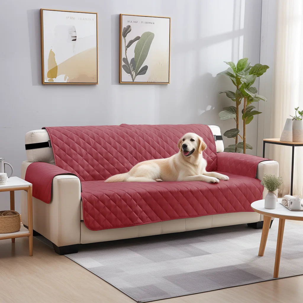 A modern, deep red reversible sofa slipcover placed on a light gray rug in a living room setting.
