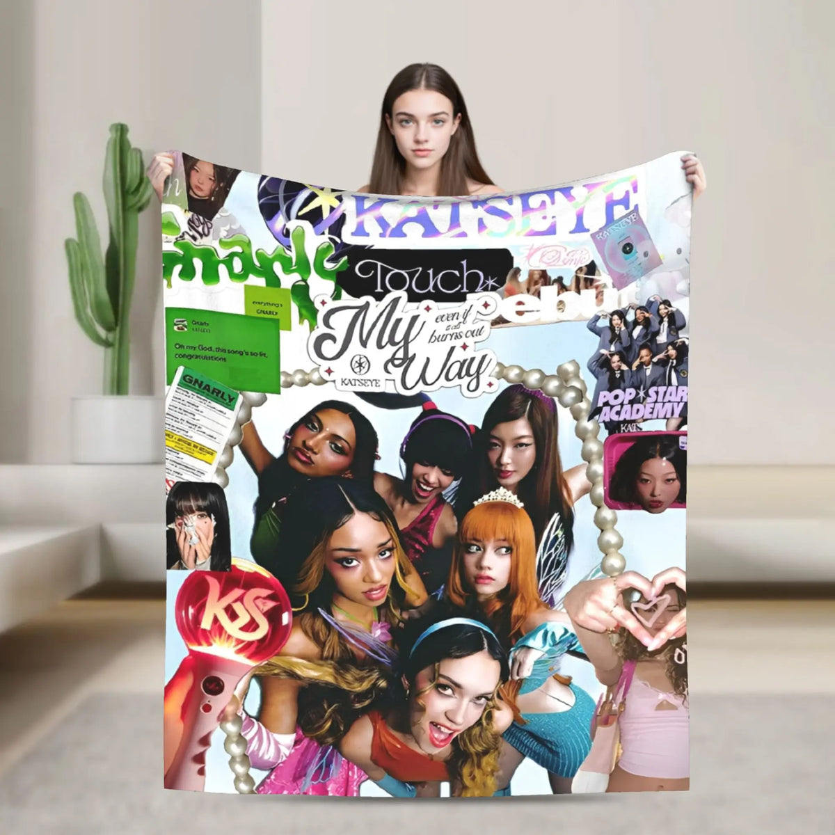 A cozy K-Pop fleece throw blanket featuring various female idols and the text My Way