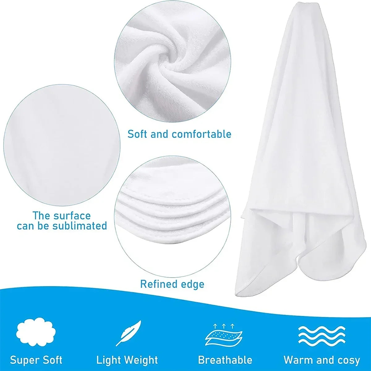 White fabric swatch showing soft texture, refined edge, and breathable material features.