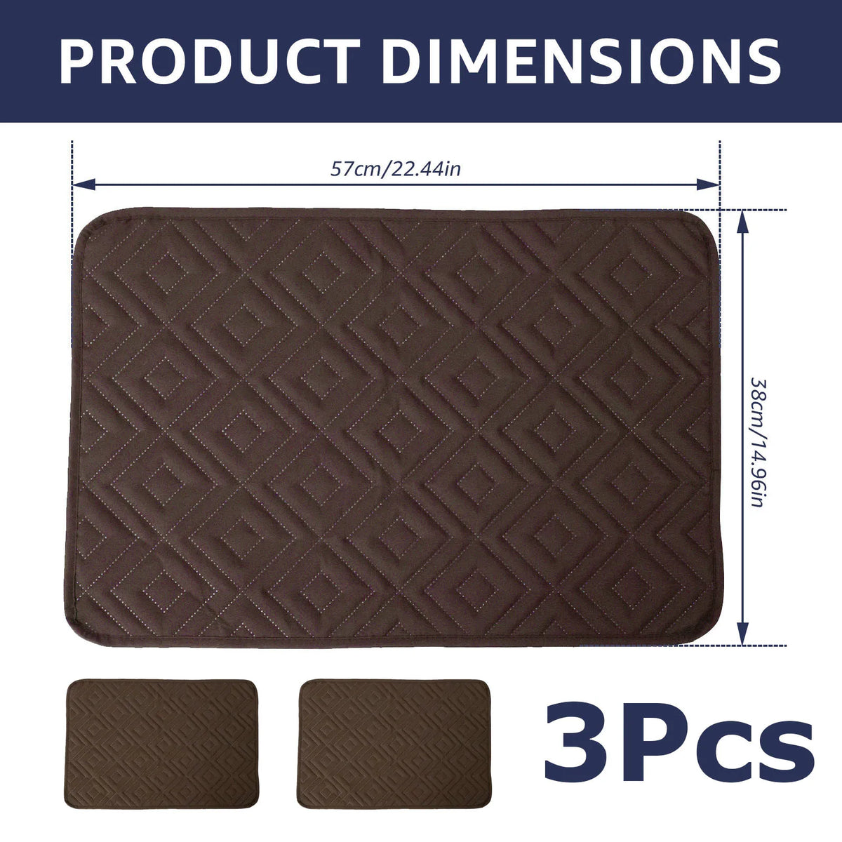 Three brown quilted headrest protector covers shown with dimensions.