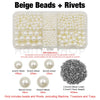 A box of beige pearl beads and silver rivets, including various sizes and quantities.