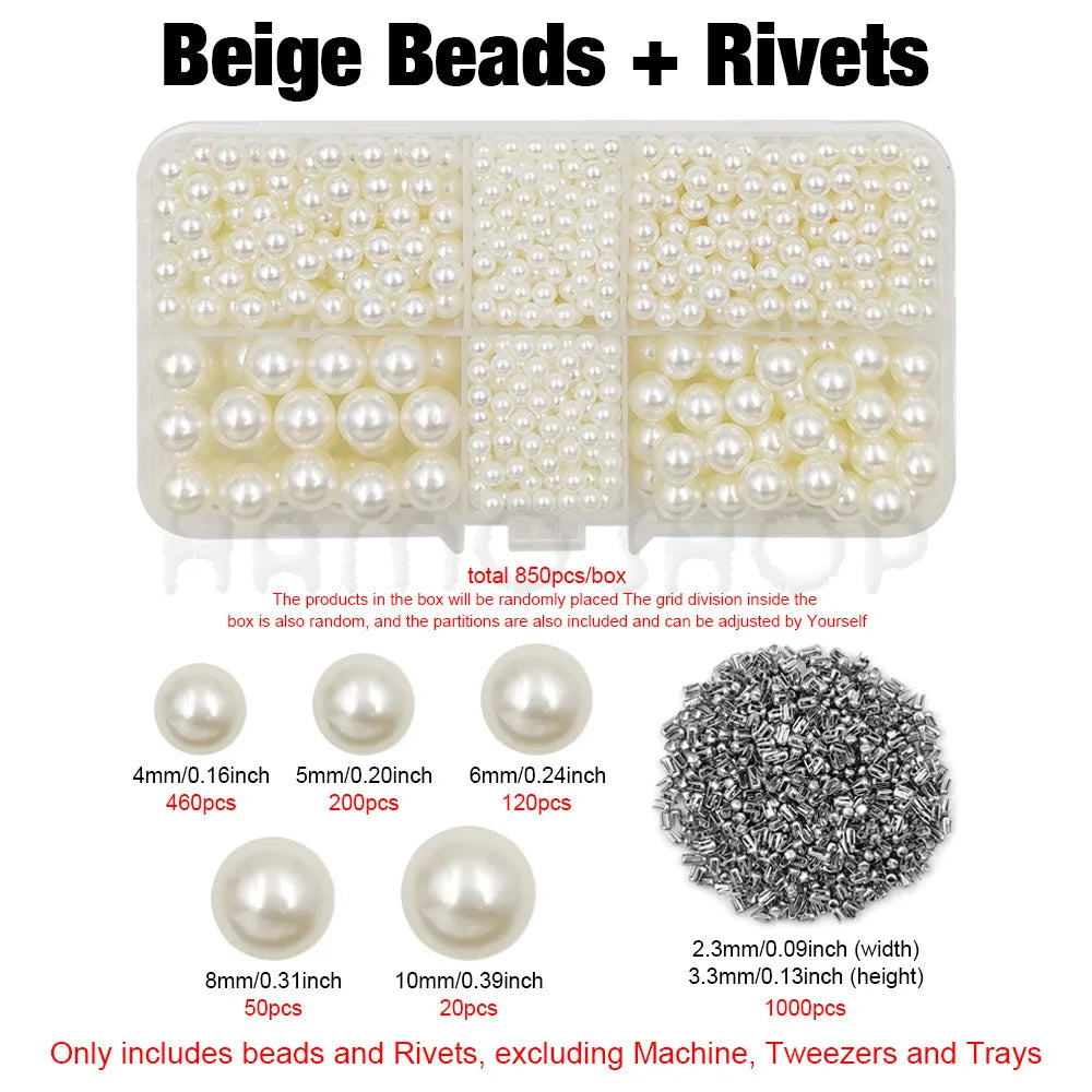 A box of beige pearl beads and silver rivets, including various sizes and quantities.