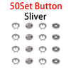 A collection of 50 silver metal sewing buttons and sliders.