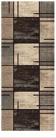 A rectangular floor mat with a modern checkered pattern in shades of gray, beige, and dark brown.
