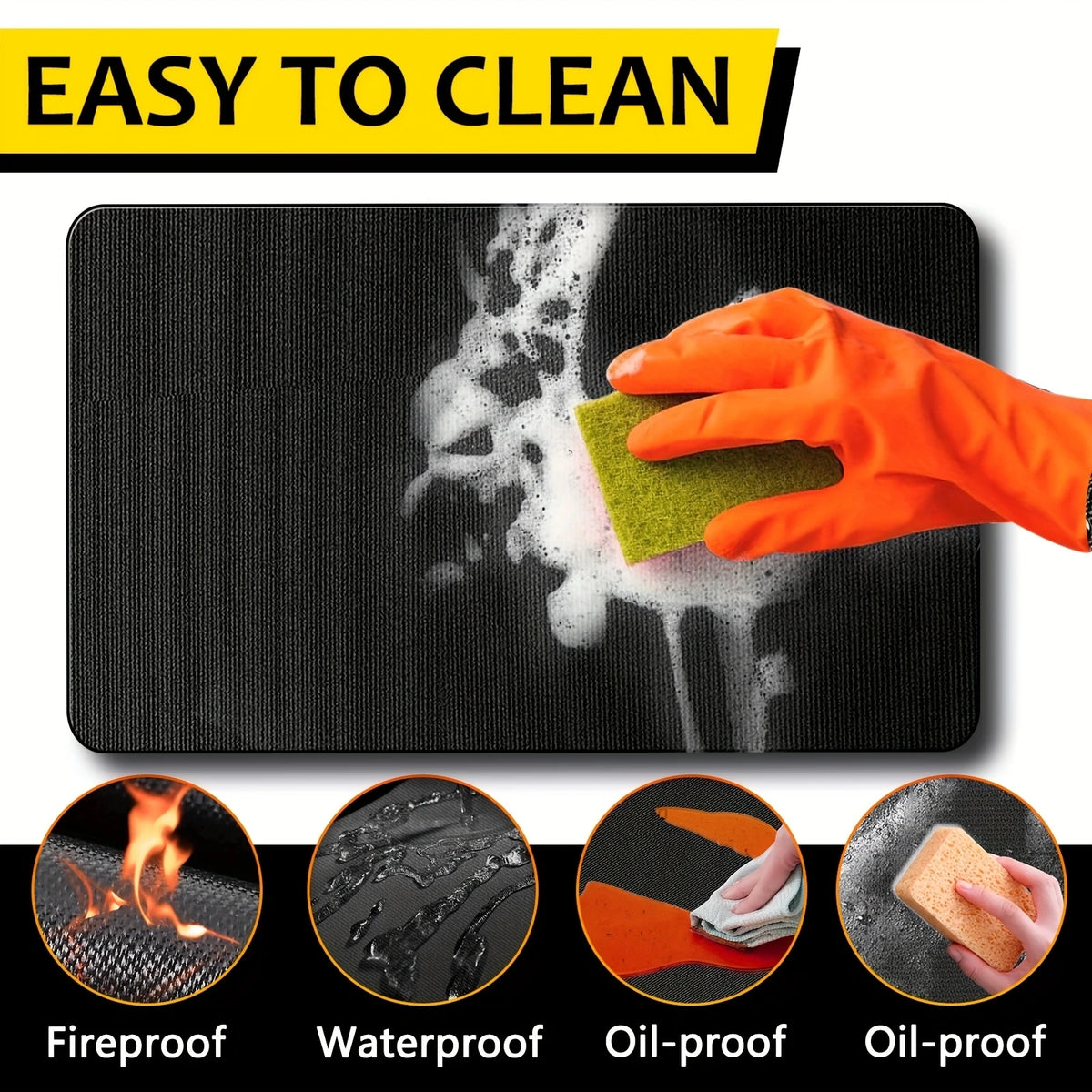 Orange gloved hand pressing a green sponge onto a black grill mat demonstrating its easy to clean and waterproof properties.