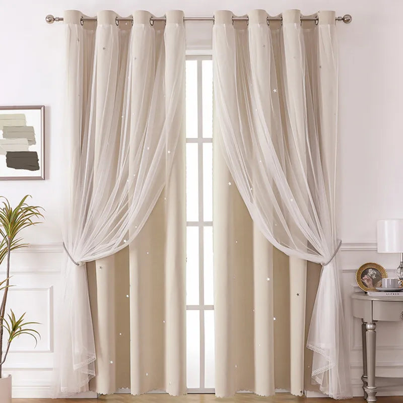 Cream sheer double-layer decorative curtains hanging in a white window frame.