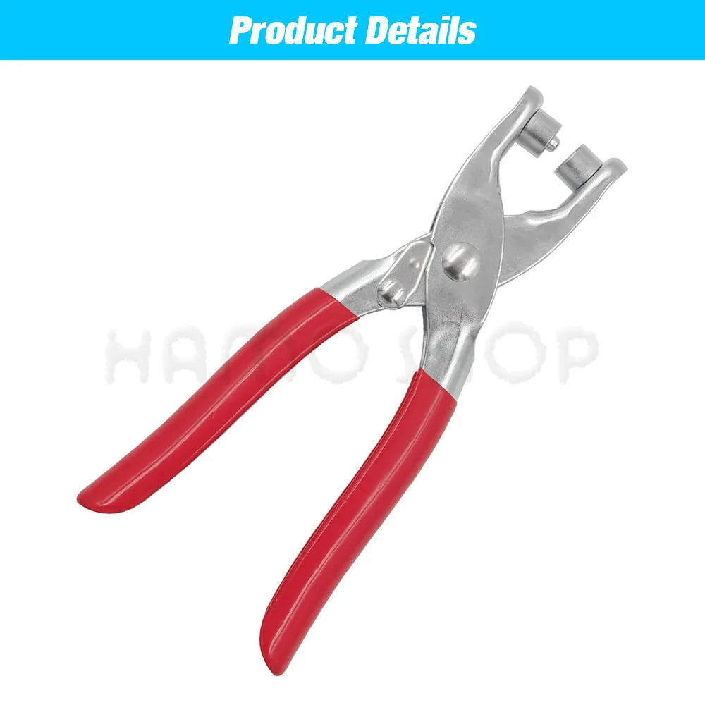 A pair of silver and red precision eyelet punch and grommet tool set.