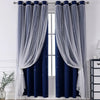 A pair of navy blue and sheer gray double-layer decorative curtains hanging in a window.