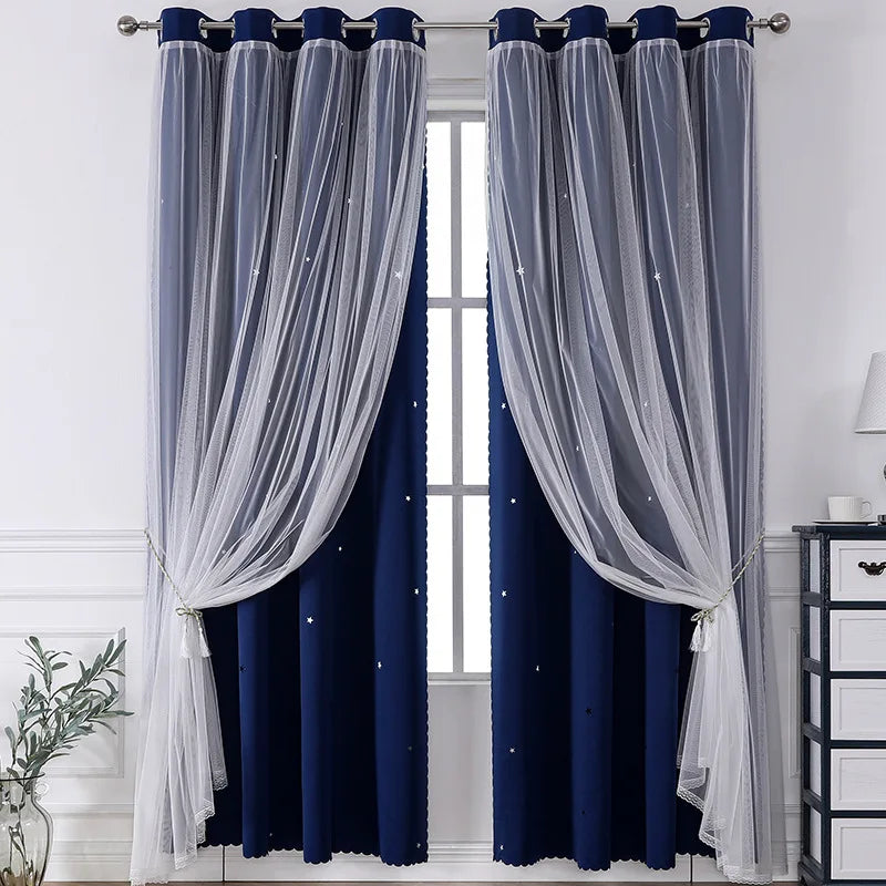 A pair of navy blue and sheer gray double-layer decorative curtains hanging in a window.