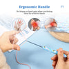 Hands are using an ergonomic crochet hook with a pink cord for crafting.