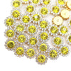 Gold and clear crystal rhinestone buttons shaped like sunflowers arranged in a floral pattern