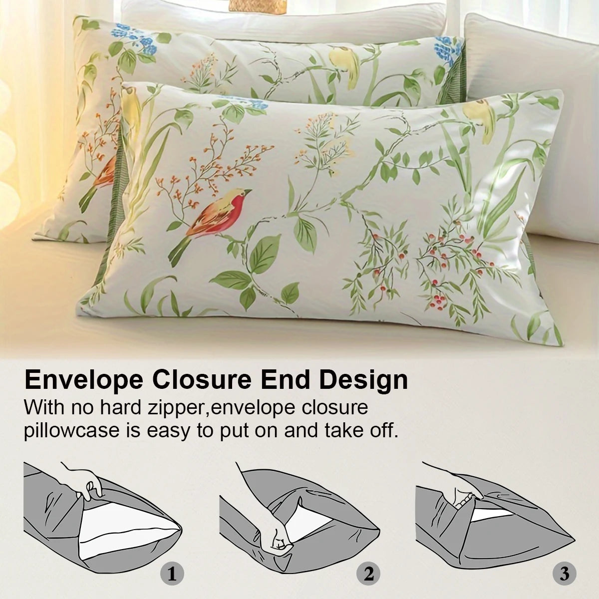 White envelope closure pillowcase with leaf floral print shown in three steps