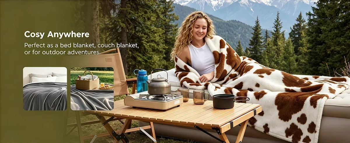 A woman is relaxing outdoors wrapped in a brown and white patterned flannel throw blanket on a wooden table.