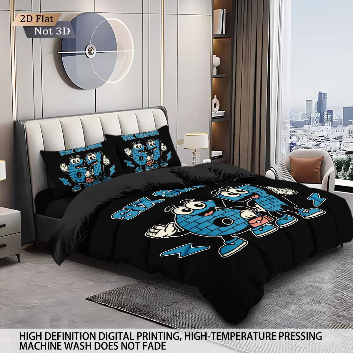 A set of three funny printed duvet covers featuring blue cartoon characters on a black background displayed on a bed.