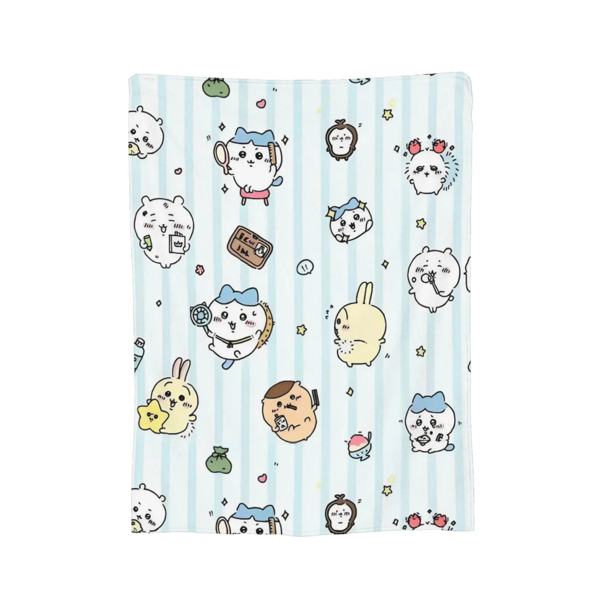 A light blue patterned flannel throw blanket featuring cute Chiikawa cartoon characters.