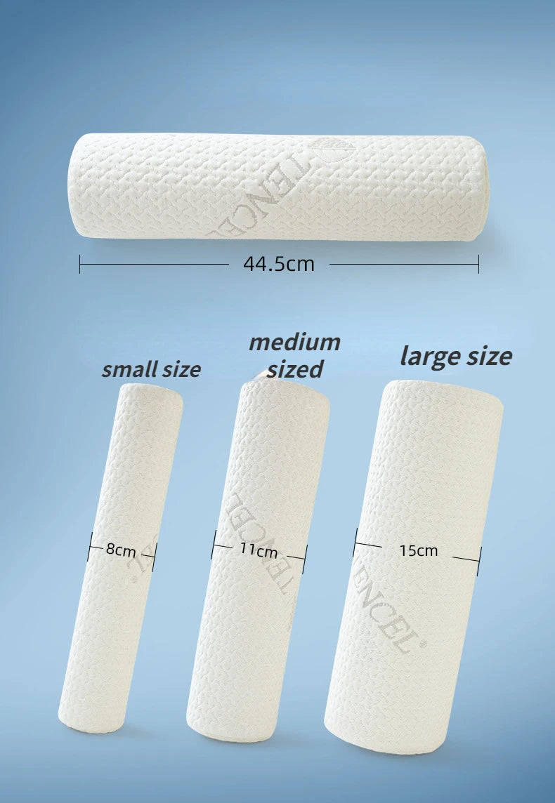 White memory foam neck roll pillows shown in small, medium, and large sizes.