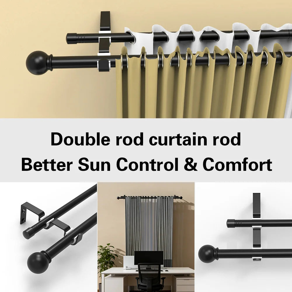 Double rod curtain rod set in black metal for better sun control and comfort