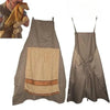 A brown canvas apron with a hidden surprise pocket is shown next to a man wearing it.