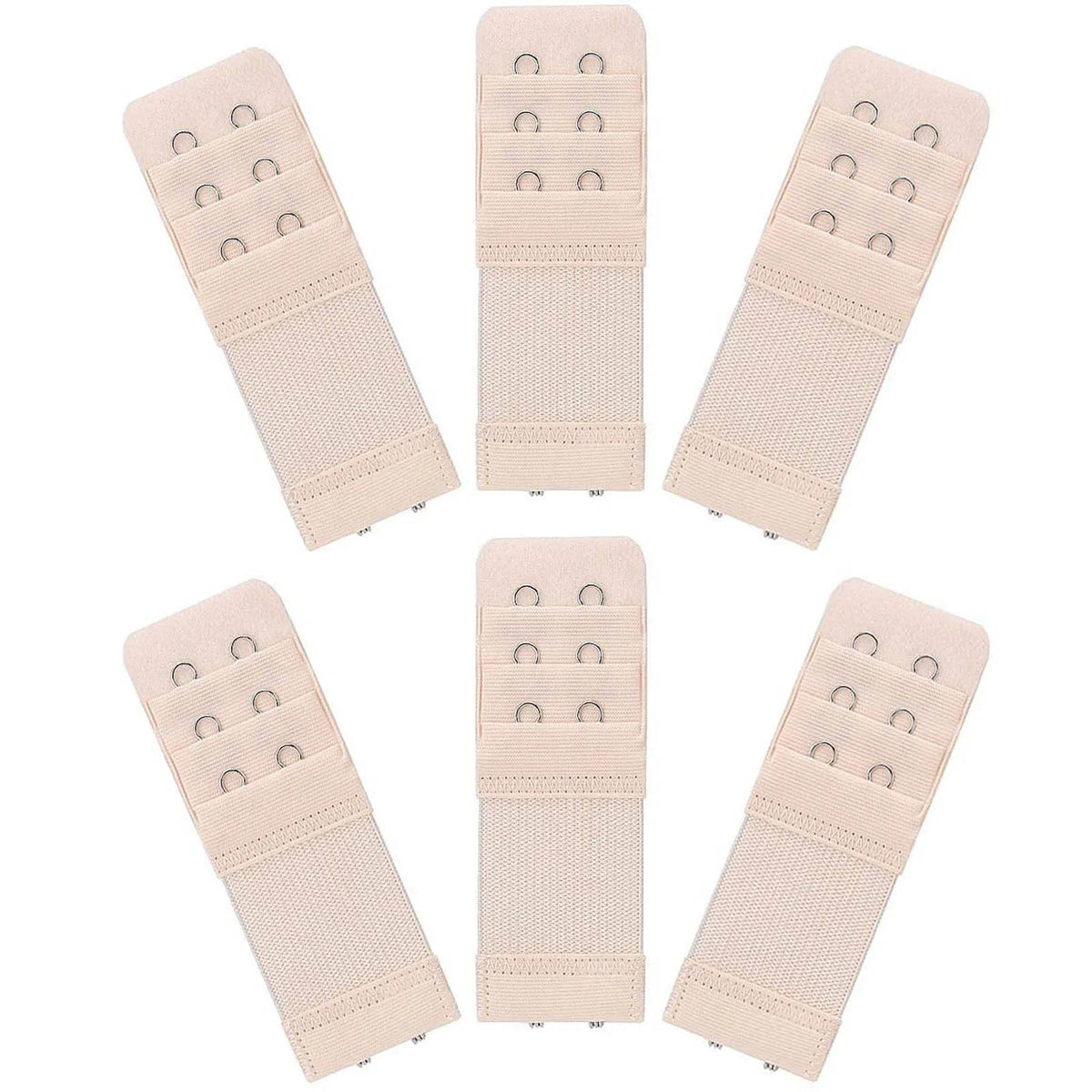 A set of five beige adjustable bra extender straps shown individually.