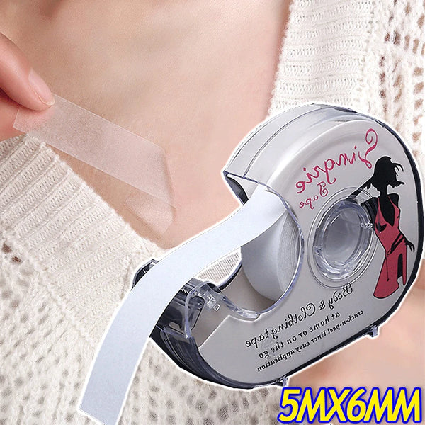 Roll of clear self-adhesive lingerie tape with a pink label and a piece of tape being applied to skin.